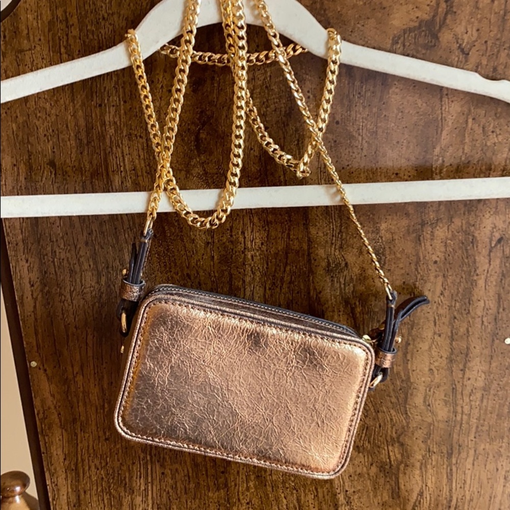 NWOT MINI METALLIC BRONZE BAG WITH GOLD CHAIN